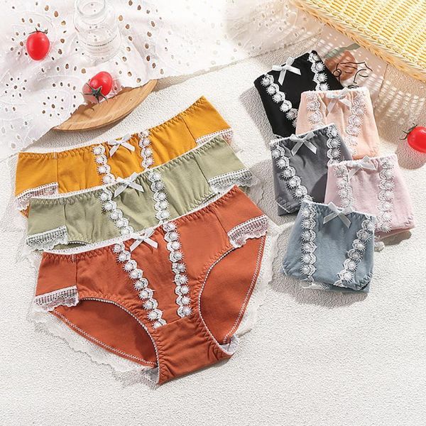 

women's panties fashion cute underwear female lace mid-waist bow cotton crotch seamless antibacterial breathable briefs, Black;pink
