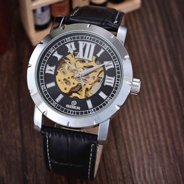 

goer mechanical watch men's hollow out belt watch, Slivery;brown