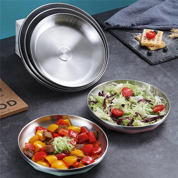 

dishes & plates stainless steel anti-scalding round dinner durable dessert salad cake tray container tableware kitchen tools