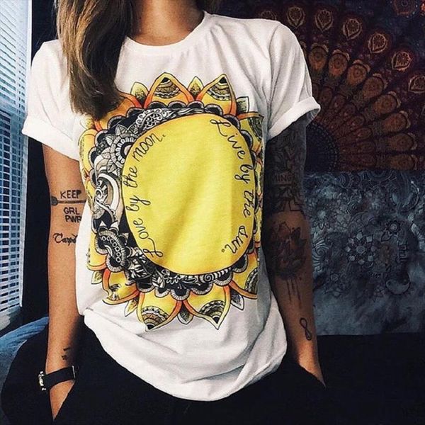 

sun moon print women t shirt short sleeve o neck loose white summer tee clothes mujer