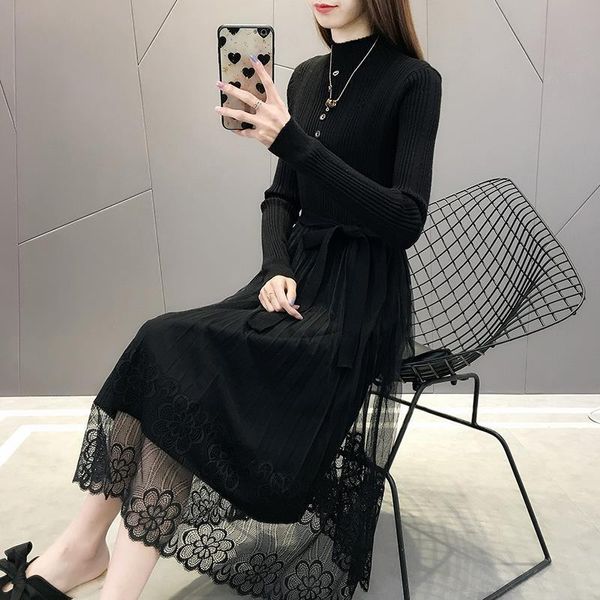 

casual dresses autumn winter 2021 women thickened lace knitted wool dress female warm medium length red bottom, Black;gray