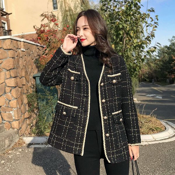 

women's fur & faux spring ladies mid-length plaid small suit korean retro v-neck high-quality jacket female temperament hepburn st, Black