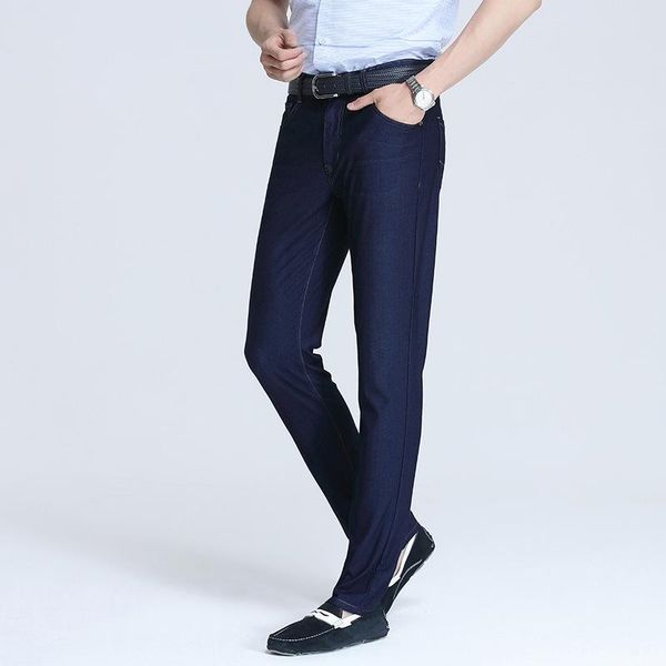 

men's pants summer thin light color jeans ice silk fit straight tube middle waist four sides elastic 0206, Black
