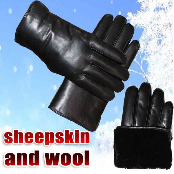 

leather men' winter thickening warm fur one real wool split finger sheepskin gloves wind and cold, Blue;gray
