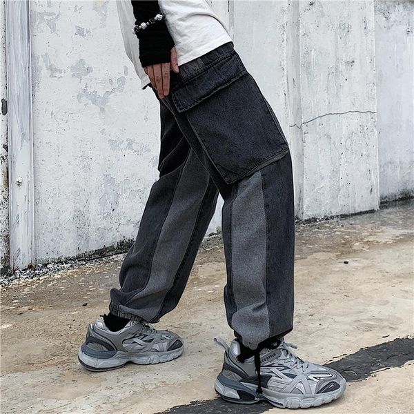 

autumn casual jeans woman long trousers cowboy female loose streetwear hit color splice big pockets pant women's, Blue