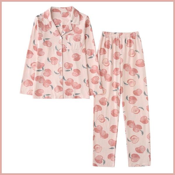 

women's sleepwear human peach japanese style sweet turn-down collar ins oil painting pure cotton pajamas female spring and autumn stude, Black;red
