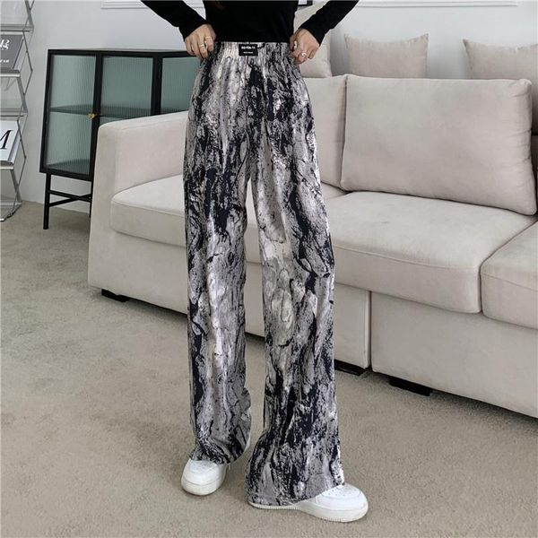 

women's pants & capris spot large size clothing autumn straight tie-dyed ink painting wide-leg high waist casual for fat girls, Black;white