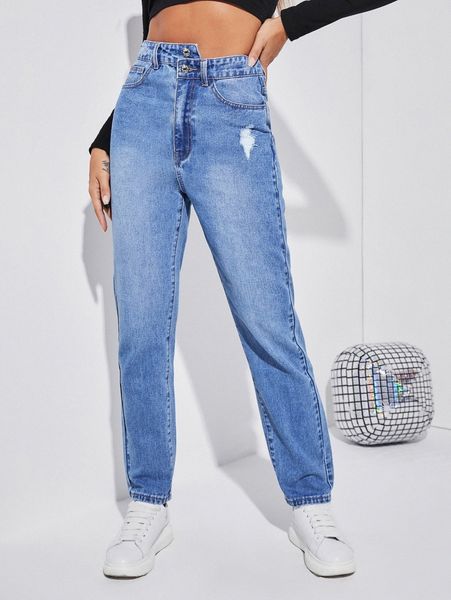 

light washed asymmetric waist jeans i3dz#, Blue