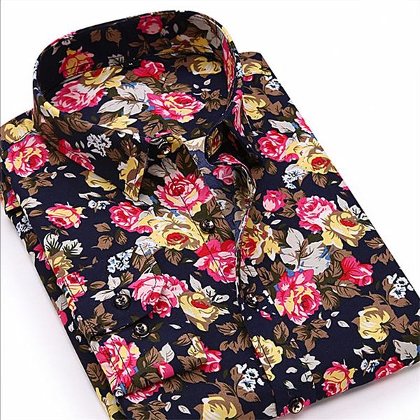 

men's casual shirts fashion men floral print shirt autumn brand long sleeve dress turn-down collar chemise homme male asian size, White;black