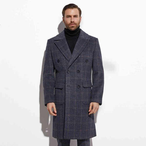 

men's wool & blends winter oat double breasted navy windowpane long coat custom made heavy warm blend tailored slim jacket autumn, Black