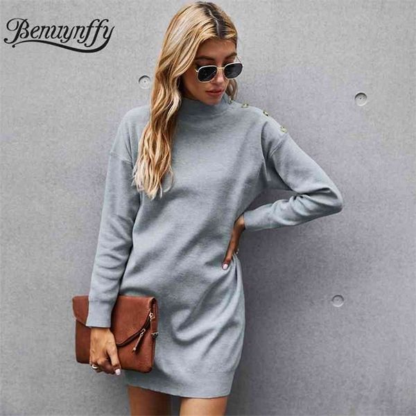 

drop shoulder button gray knitted sweater dresses women turtleneck long sleeve casual ladies winter mini dress 210510, Black;gray
