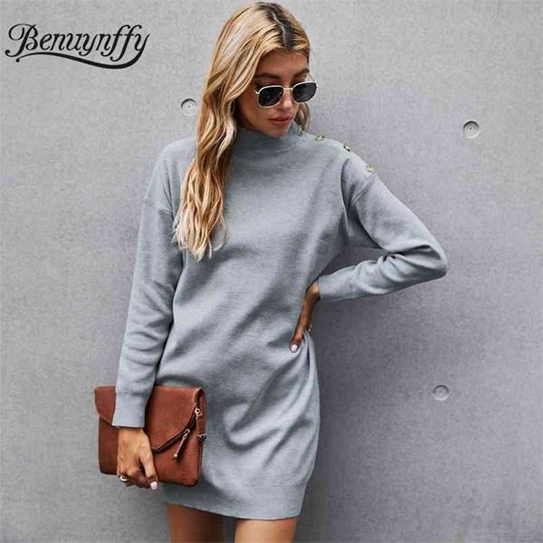 Drop Shoulder Button Grau Strickpullover Kleider Frauen Rollkragen Langarm Casual Damen Winter Minikleid 210510