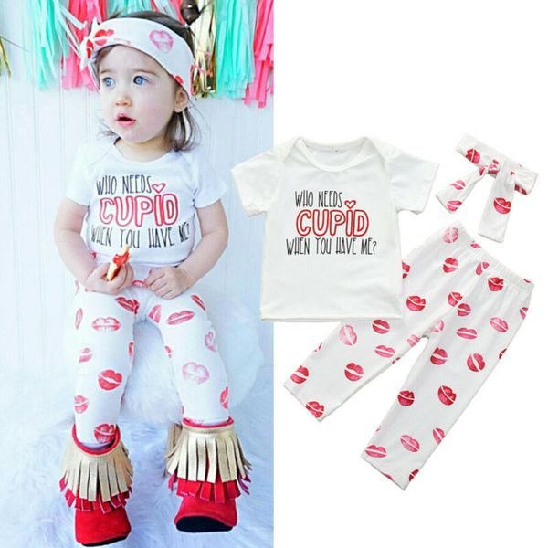 

valentines day kid baby girl clothes sets 1-5y letter print short sleeve +pants leggings headband 3pcs outfit, White
