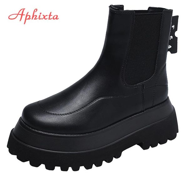 

boots aphixta 7cm chunky heel platfom women elastic band antiskid fashion height increaming ankle shoes woman boats, Black