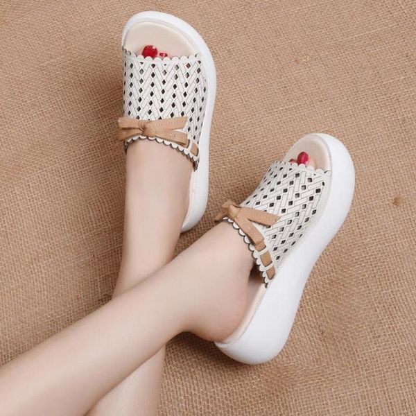 

genuine leather slippers women summer shoes retro wedges platform comfort sandals casual slides, Black