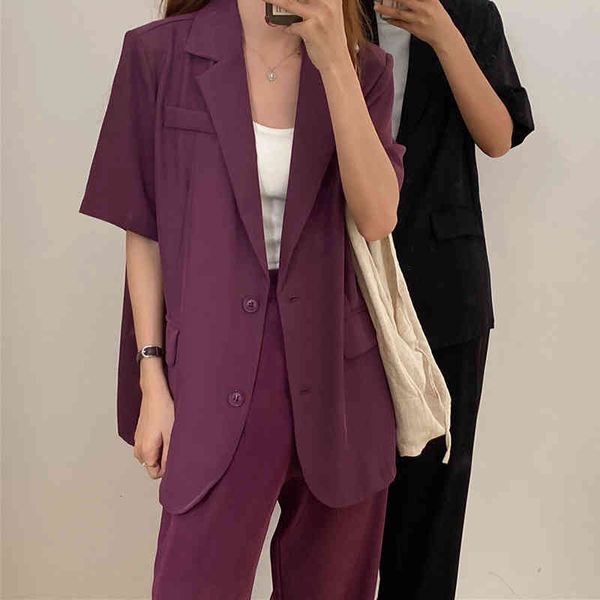 

tracksuits summer women two elegant single breasted short sleeve coat and wide leg long pants office lady suit korean piece z931 0quq, Gray