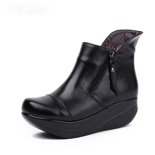 

boots warm plush women thick sole winter shoes zipper wedges platform swing plus size genuine leather ankle, Black