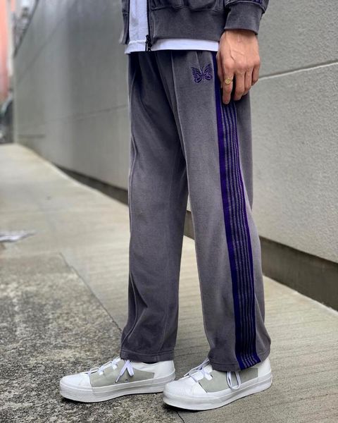 

men's pants grey velvet ribbon striped awge needles men women butterfly embroidery sweatpants high street sports joggers outerwear, Black