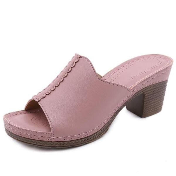 

slippers thick heel summer sandals comfortable versatile high-heeled sandal casual outdoor solid color plus size shoes q262, Black