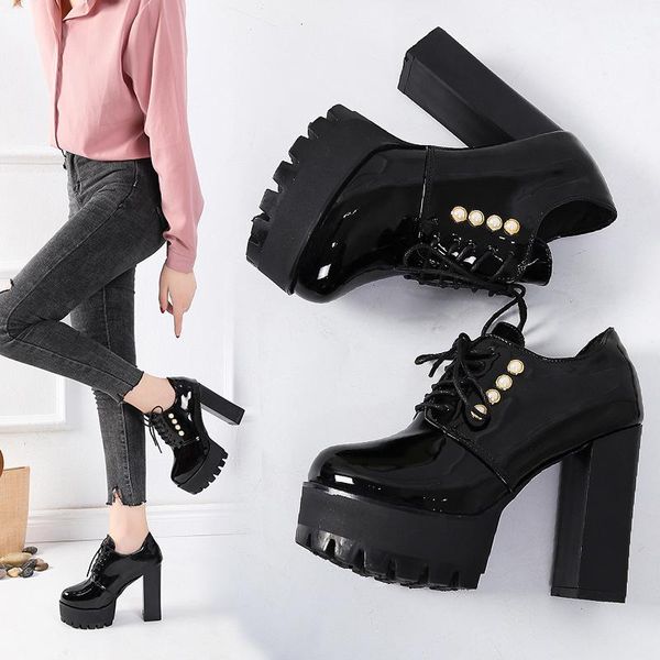 

boots patent leather autumn and winter 2021 women's single ultra high heel lace up waterproof, Black