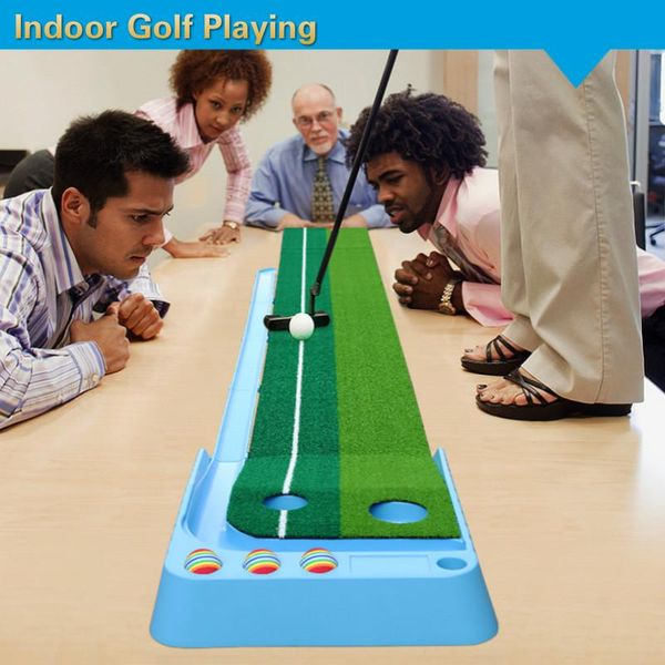 

indoor golf putter playing practice 9.8ft fairway double hole auo-return ball portable mat gift training aids