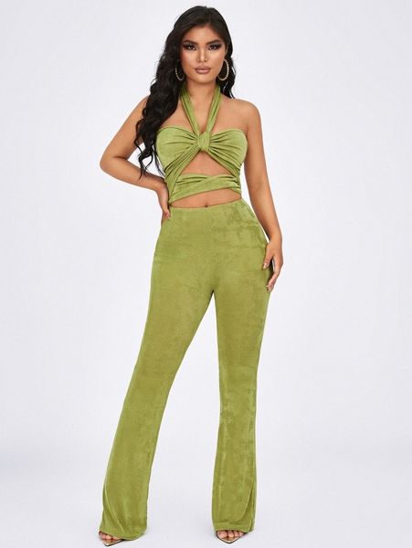 

cut-out tied backless flare leg jumpsuit a1vk#, White