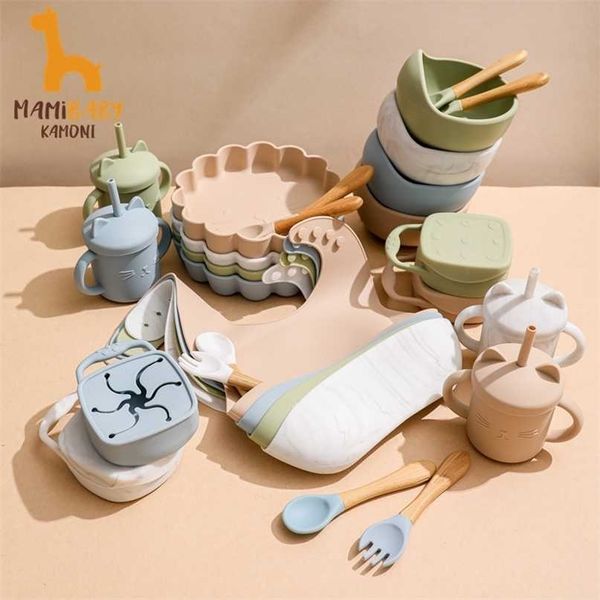 

7pcs baby feeding tableware set silicone snack cup with lid bpa bib water dinner plate waterproof accessories 211102