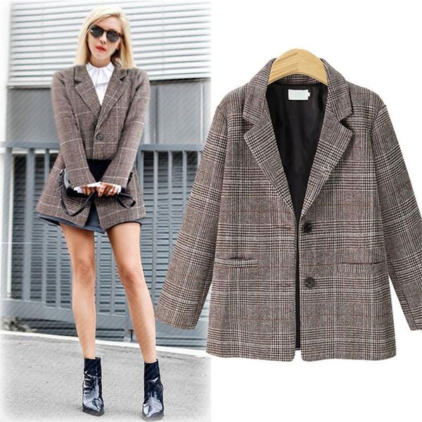 

women's trench coats women blazers and jackets england style womens blazer casual long plaid jacket sleeve button offlce lady 2021, Tan;black