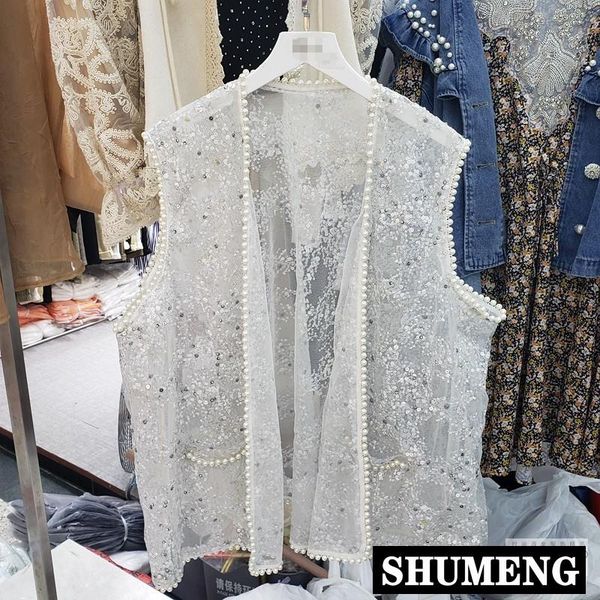 

women's vests european 2021 summer loose full sequined pearl v-neck sleeveless vest jacket streetwear women sweet lace cardigan coat, Black;white