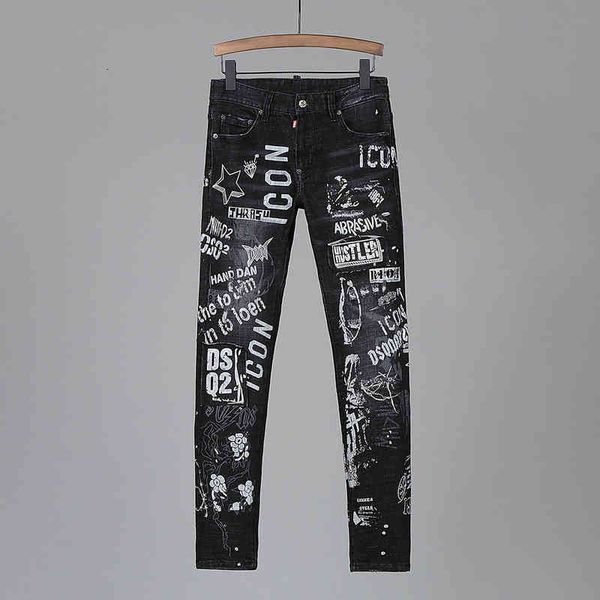 

men's jeans nightclub style dsq brand black mens stretch jeans men denim trousers patchwork slim letter pencil pants for men al47, Blue