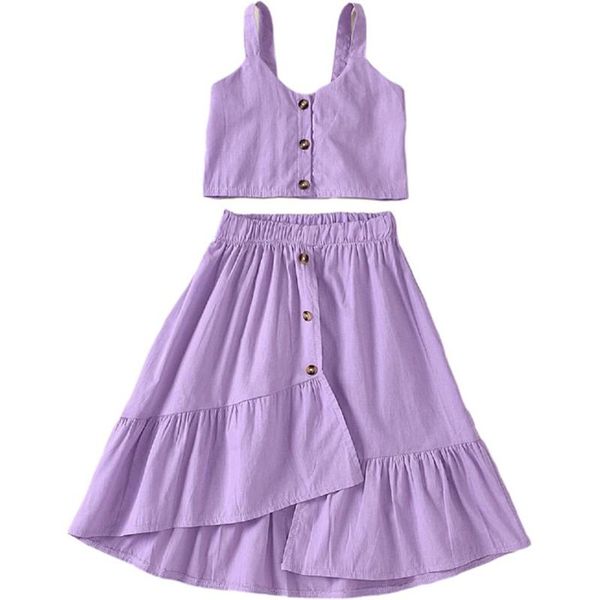 

clothing sets kids girl 2pcs clothes set solid color outfits sleeveless crop tank ruffled irregular skirt suit for children summer, White