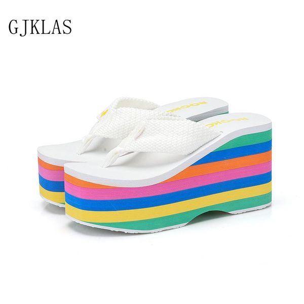 

slippers rainbow high heels women wedge platform flip flops summer beach shoes for casuales woman, Black