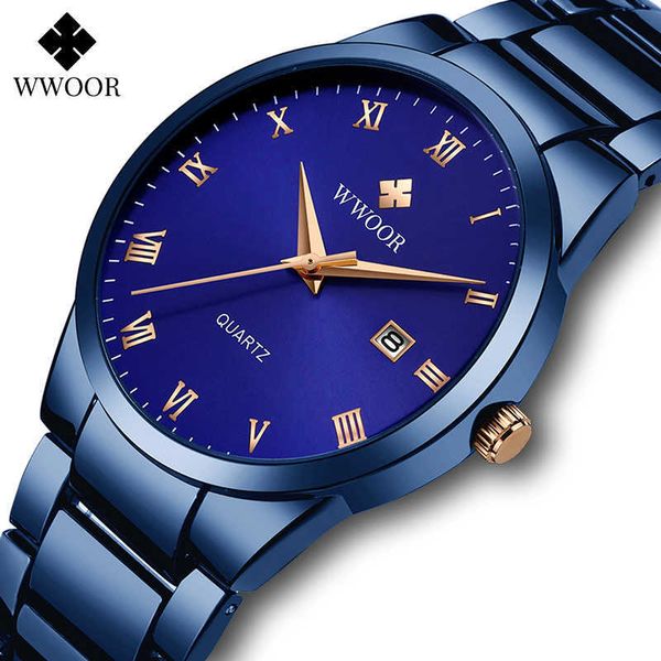 WWOOR Herrenuhren Quarz Analog Automatik Datum Japan Bewegung Wasserdicht Blau Edelstahl Römischer Mann Armbanduhr Reloj Hombre 210527