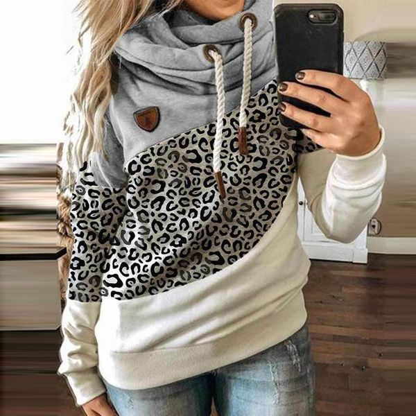 

women's hoodies & sweatshirts women patchwork hooded sweatshirt autumn winter leopard print harajuku drawstring hoodie casual long slee, Black