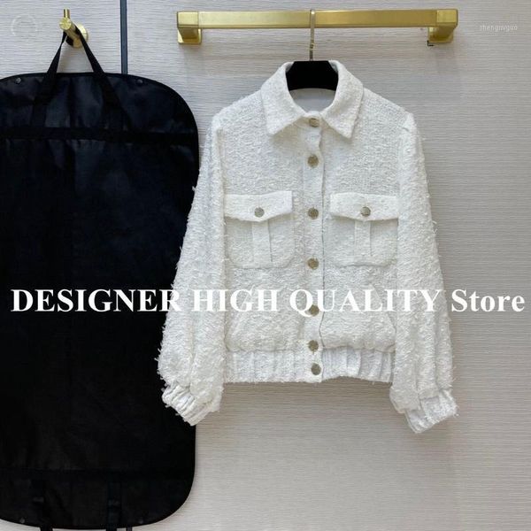 

spring white color weaving tweed retro jacket women lapel single breasted pocket lantern sleeve sweet coat silk liner women's wool & bl, Black