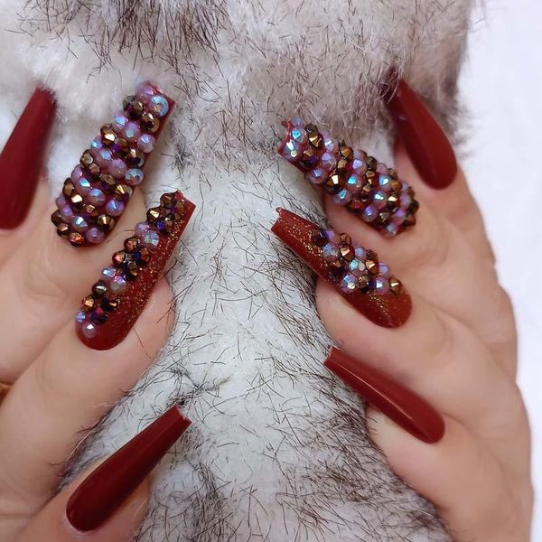 

false nails 24pcs 2021 latest luxury jewelry ballet coffin fake crystal diamond deep brown, Red;gold