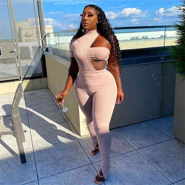 

anjamanor women jumpsuits and 2 piece pant sets club wear fashion asymmetric hollow out bodycon romper spring 2021 d85-ce31, Black;white