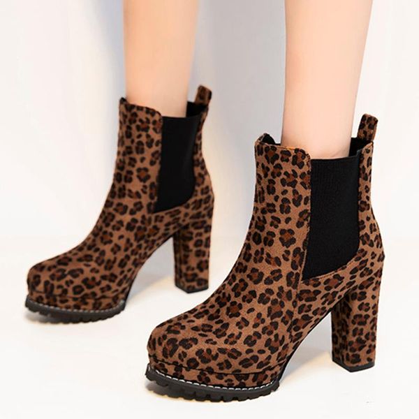 

boots rimocy 2021 flock square high heels ankle women autumn fashion slip on platform woman leopard botas footwear size 43, Black
