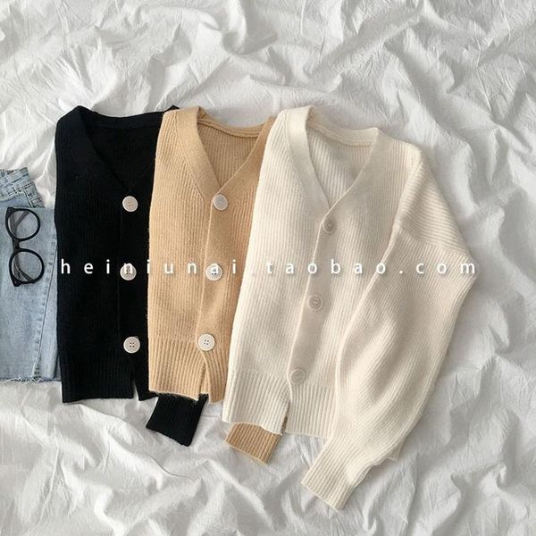 

women's knits & tees women cropped sweater spring auutmn korean v neck loose button cardigan woman casual puff long sleeve kawaii outwe, White