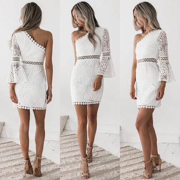 Mulheres Branco Vestido de Laço Sexy Um ombro Flare Manga Crochet Bodycon Hollow Out Clubwear Mini Party Vestidos Casuais