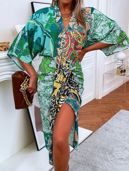 

floral & paisley print v neck batwing sleeve dress l782#, Black;gray