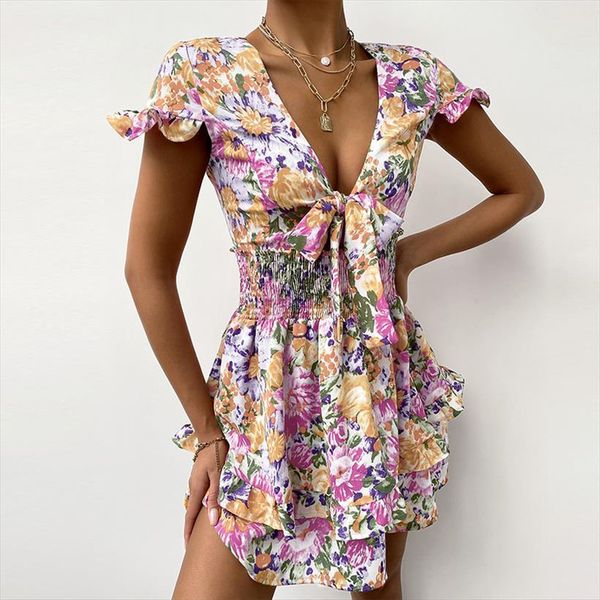 

elegant ruffle butterfly sleeve party womens dresses floral print hollow out beach women deep v tie up mini, Black;gray