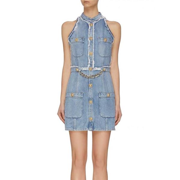 

casual dresses culture cultivate morality quality jeans hang neck sleeveless vest dress girl, Black;gray