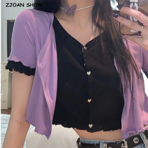 

summer rib knitted false 2pcs short sleeve cropped t-shirts women vintage v neck exposed navel knitwear t shirt 210429, White