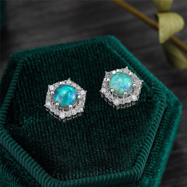 

stud vintage silver color small earrings rainbow round stone blue green purple opal for women wedding jewelry, Golden;silver