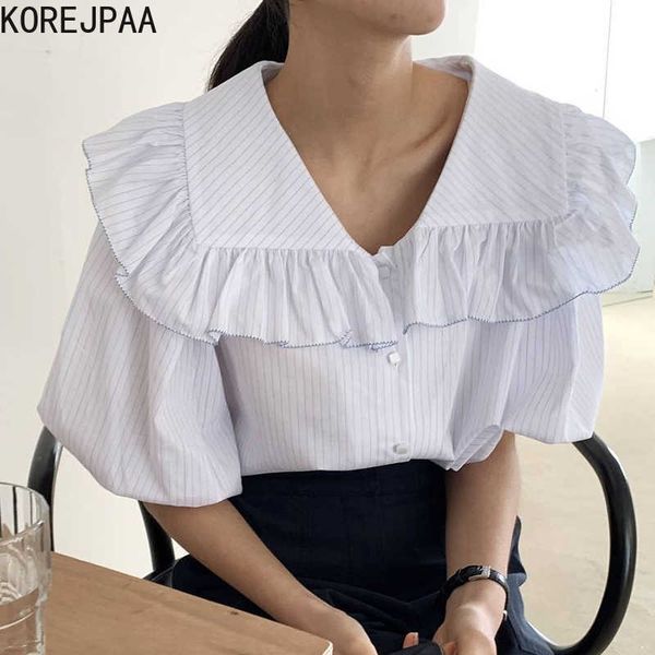 

korejpaa women shirt korea summer fashion simple joker ruffled large lapel loose single-breasted bubble sleeve blouse 210526, White