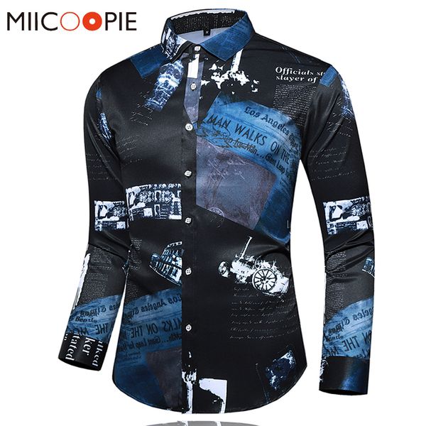 

luxury long sleeve mens shirts 2020 new vintage newspaper print social dress shirt mens business office clothing chemise, White;black