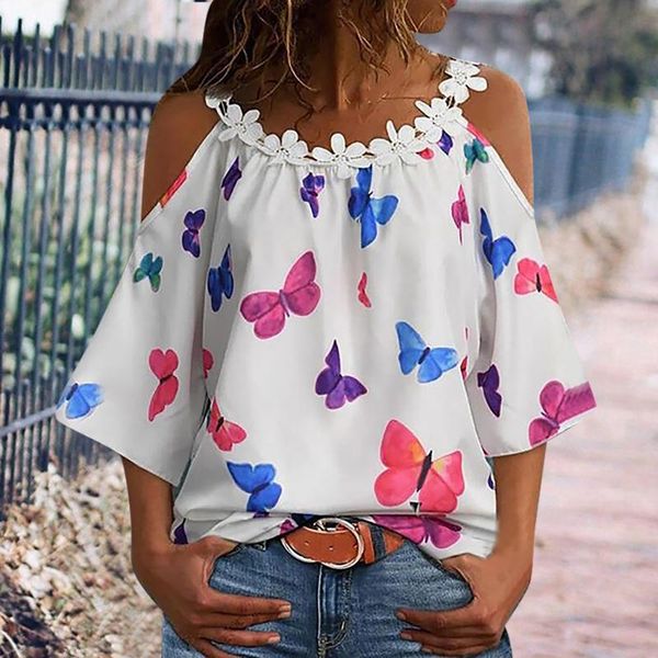 

women's blouses & shirts elegant off shoulder blouse women round neck stitching butterfly print casual shirt summer cold blusas, White