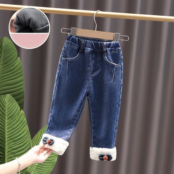 

trousers 2021 baby girls fashion velvet jeans girl autumn winter children cashmere warm thickening kids bow elastic waist pants, Blue