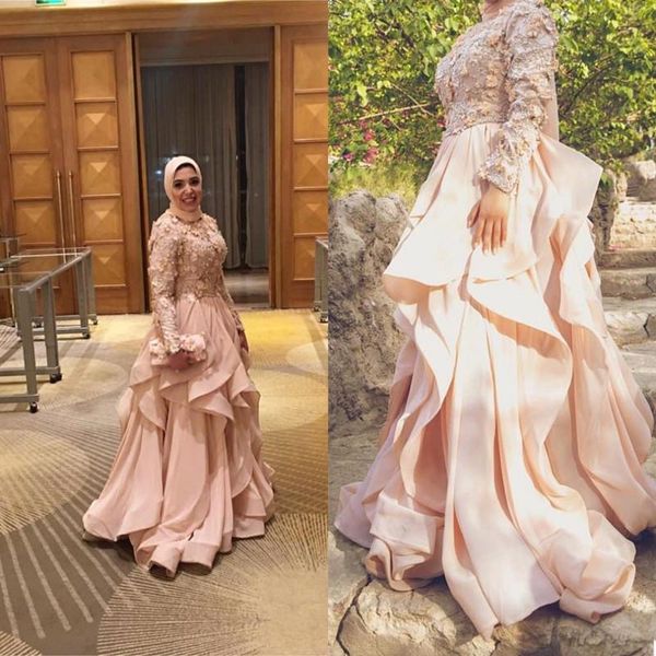 

party dresses aso ebi style muslim prom formal with long sleeve 2021 blush pink 3d floral beaded ruffles skirt arabic evening gown, White;black